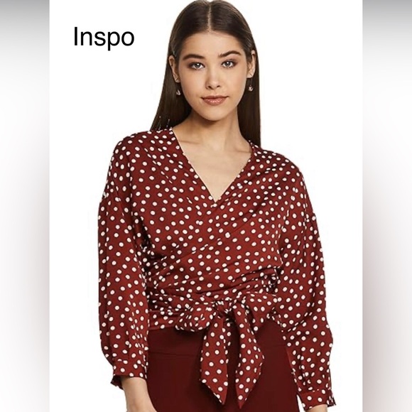 ALTAR’D STATE Polka Dot Wrap Blouse - Burgundy NWOT, size S color-of-the-season - Picture 8 of 10